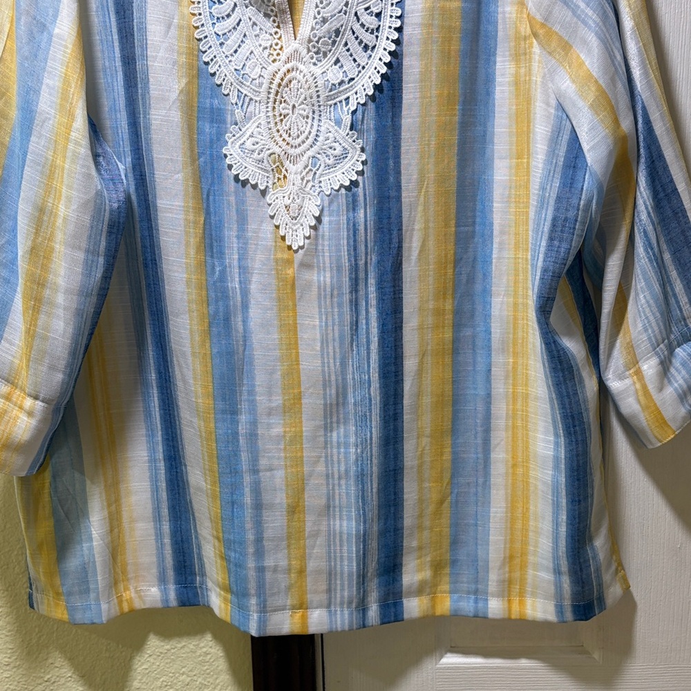 Alfred Dunner Yellow, Blue and White Striped Tunic with Lace V-Neck - Picture 4 of 7